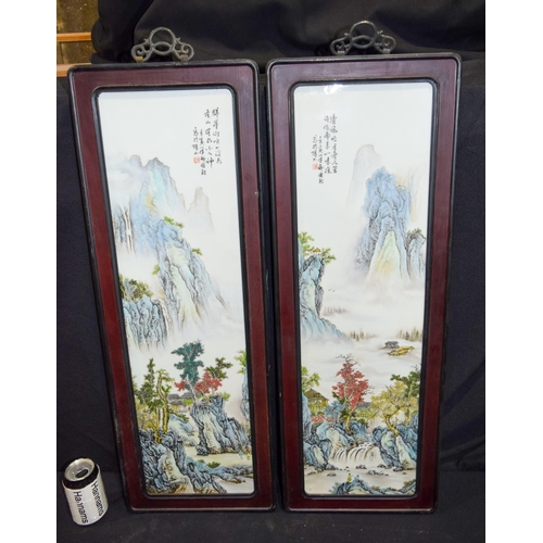 3005 - A pair of Hongmu framed Chinese porcelain panels decorated with a Famille verte landscape 82 x 29cm ... 