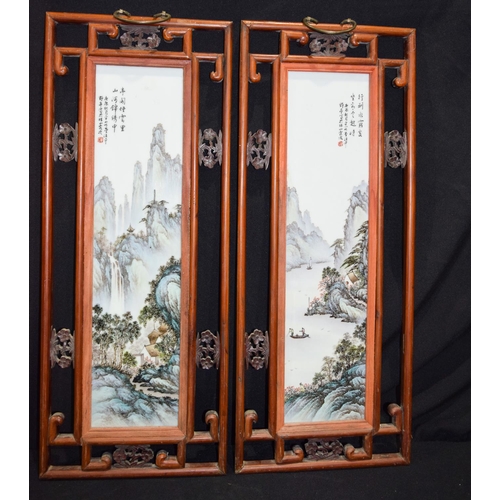 3008 - A framed pair of Famille Verte porcelain panels decorated with a landscape 68 x 28 cm (2)