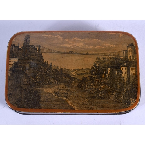 939 - A LARGE MID 19TH CENTURY CARVED AND LACQUERED WOOD SNUFF BOX printed with landscapes. 12 cm x 8 cm.