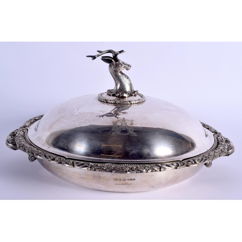 787 - A RARE LARGE ANTIQUE SILVER PLATED TWIN HANDLED SERVING BOWL AND COVER with stag finial. 30 cm wide.