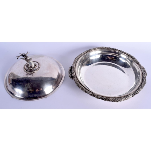 787 - A RARE LARGE ANTIQUE SILVER PLATED TWIN HANDLED SERVING BOWL AND COVER with stag finial. 30 cm wide.