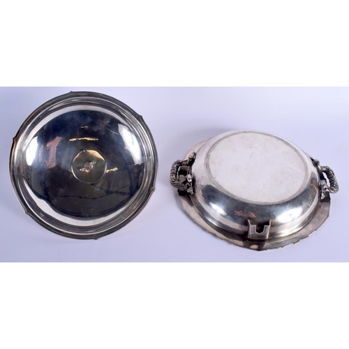 787 - A RARE LARGE ANTIQUE SILVER PLATED TWIN HANDLED SERVING BOWL AND COVER with stag finial. 30 cm wide.