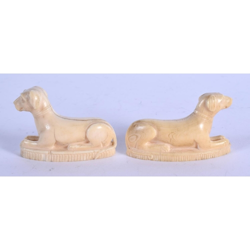 965 - A VERY RARE PAIR OF LATE 18TH CENTURY MUGHAL CARVED IVORY DOGS C1790 modelled upon shaped bases. 5 c... 