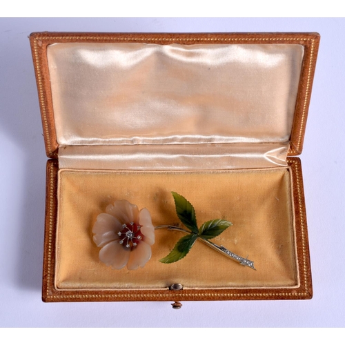 847 - A LOVELY EARLY 20TH CENTURY 18CT GOLD  DIAMOND AND HARDSTONE BROOCH. 14 grams. 7.5 cm x 4 cm.