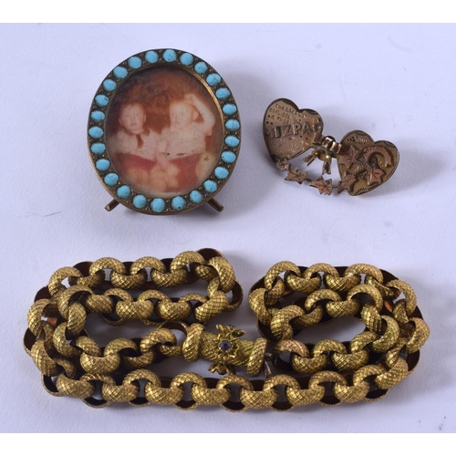 873 - AN ANTIQUE BRASS AND TURQUOISE FRAME and a yellow metal chain etc. (3)