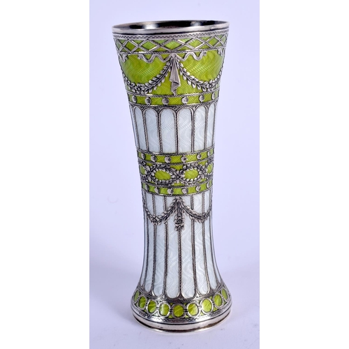 880 - AN ART NOUVEAU SILVER AND ENAMEL NEO CLASSICAL VASE. 145 grams. 13 cm high.