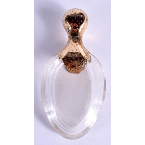 893 - A FRENCH 18CT GOLD AND CRYSTAL SCENT BOTTLE. 9.5 cm high.