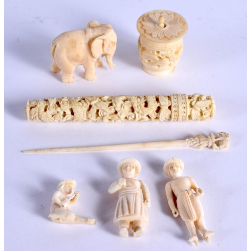 903 - A 19TH CENTURY CHINESE CANTON IVORY NEEDLE CASE together with an other antique ivory etc. (7)