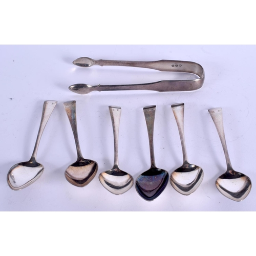 915 - SIX ANTIQUE SILVER SPOONS and matching tongs. 144 grams overall. (7)