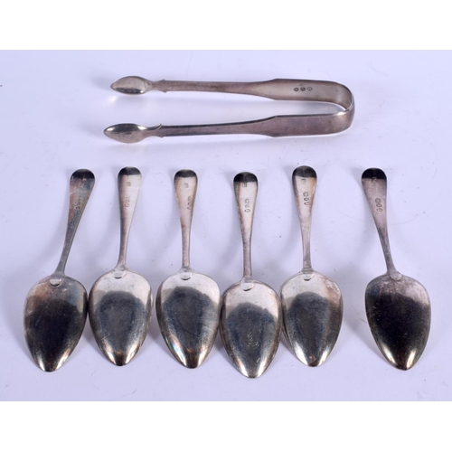 915 - SIX ANTIQUE SILVER SPOONS and matching tongs. 144 grams overall. (7)