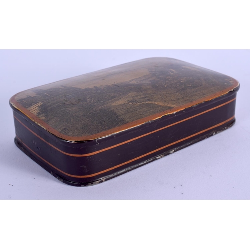 939 - A LARGE MID 19TH CENTURY CARVED AND LACQUERED WOOD SNUFF BOX printed with landscapes. 12 cm x 8 cm.