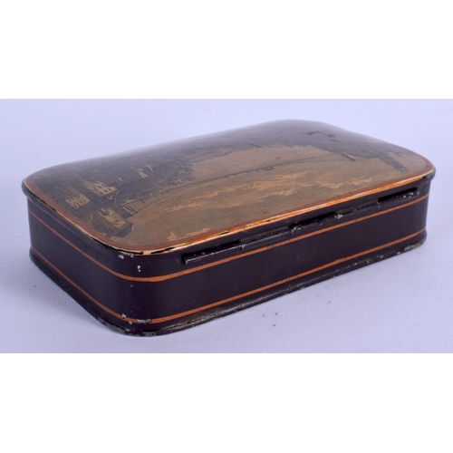 939 - A LARGE MID 19TH CENTURY CARVED AND LACQUERED WOOD SNUFF BOX printed with landscapes. 12 cm x 8 cm.