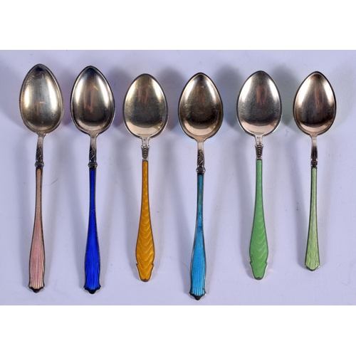 945 - SIX ART DECO SILVER AND ENAMEL SPOONS. (6)