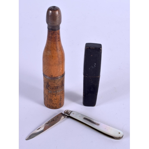 947 - AN ANTIQUE JERUSALEM OLIVEWOOD COMBINATION BOX together with a silver fruit knife. Largest 12 cm lon... 