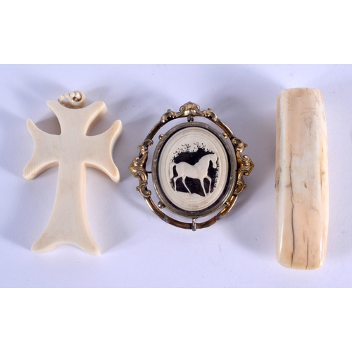 949 - AN ANTIQUE CARVED IVORY HORSE BROOCH etc. (3)