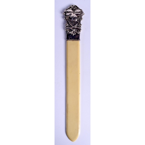 976 - AN ART NOUVEAU ENGLISH SILVER AND IVORINE PAPER KNIFE. 28 cm long.