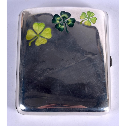 989 - AN ART DECO SILVER AND ENAMEL SHAMROCK CIGARETTE CASE. London. 97 grams. 8.5 cm x 7 cm.