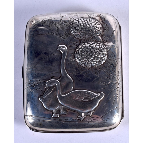 990 - A 19TH CENTURY JAPANESE MEIJI PERIOD SILVER CIGARETTE CASE decorated with ducks. 86 grams. 9 cm x 7.... 