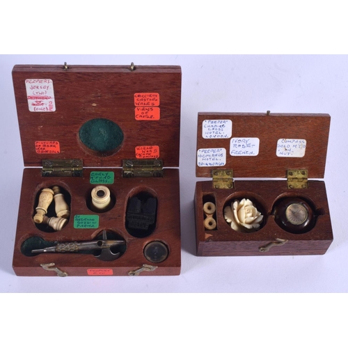 815 - TWO LOVELY ANTIQUE MINIATURE TREEN BOXES containing miniature artefacts, including a magnifying glas... 