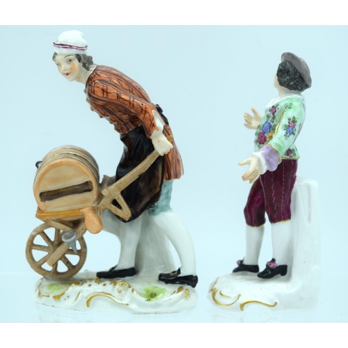 13 - A 19TH CENTURY GERMAN SITZENDORF PORCELAIN FIGURE OF A MALE WITH WHEELBARROW together with another s... 