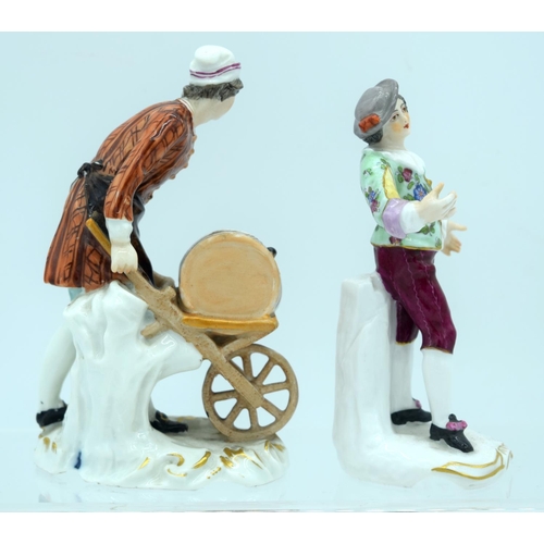 13 - A 19TH CENTURY GERMAN SITZENDORF PORCELAIN FIGURE OF A MALE WITH WHEELBARROW together with another s... 