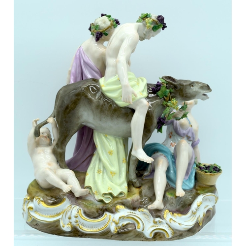 24 - A 19TH CENTURY GERMAN MEISSEN ERNST TEICHERT PORCELAIN FIGURE OF A DRUNKEN SILENUS modelled riding u... 