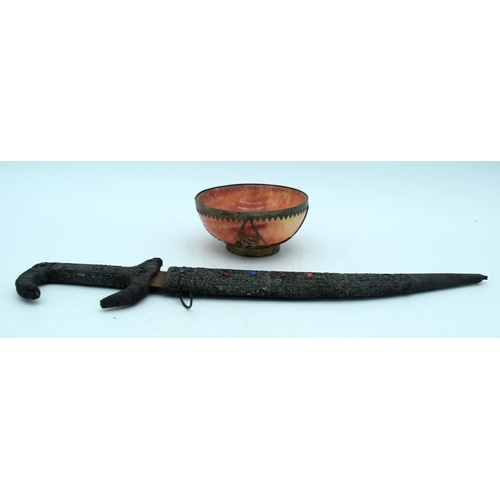 3 - AN EARLY 20TH CENTURY CHINESE CARVED PINK STONE BOWL together with a coral inset dagger. Largest 36 ... 