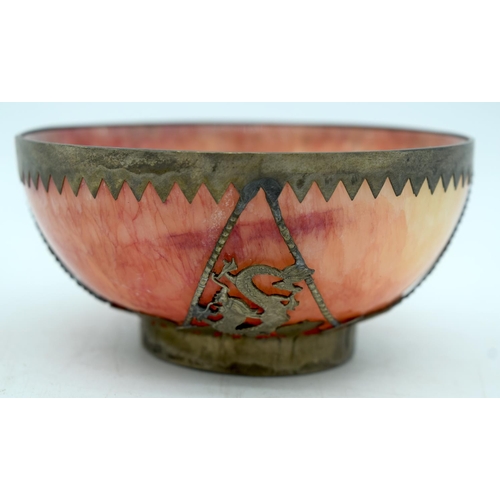 3 - AN EARLY 20TH CENTURY CHINESE CARVED PINK STONE BOWL together with a coral inset dagger. Largest 36 ... 
