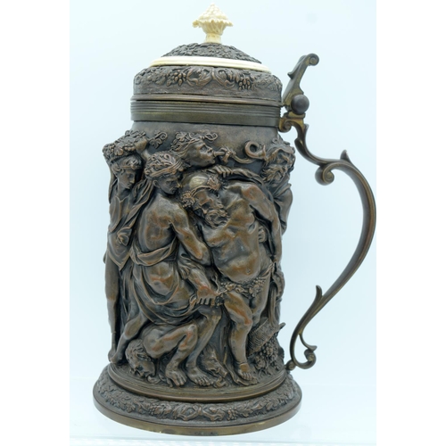 41 - A VICTORIAN ELECTROTYPE EMBOSSED TANKARD by Elkington, Mason & Co, oval, profusely decorated with cl... 