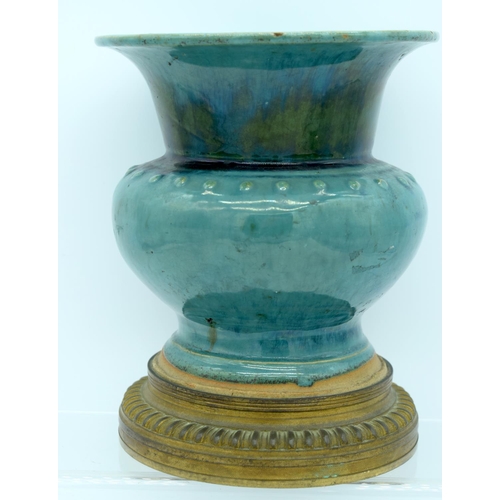 42 - A LARGE 19TH CENTURY CHINESE GREEN GLAZED POTTERY VASE Zha Dou, with French bronze mounts. 21 cm x 1... 