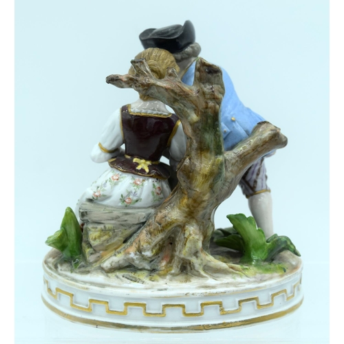53 - AN ANTIQUE GERMAN PORCELAIN FIGURAL GROUP modelled as a boy and girl playing a pipe. 13 cm x 11 cm.