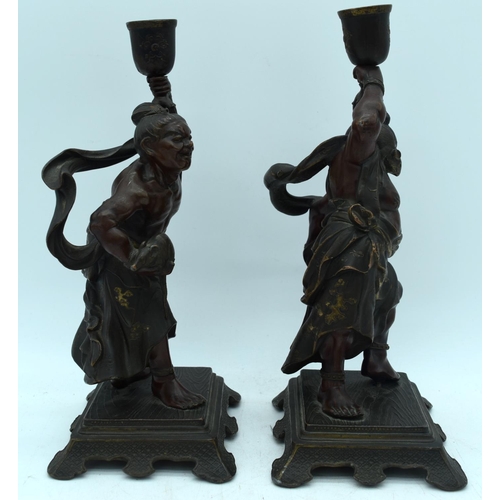 55 - A PAIR OF 19TH CENTURY JAPANESE MEIJI PERIOD BRONZE OKIMONO CANDLESTICKS in the manner of Miyao Eisu... 