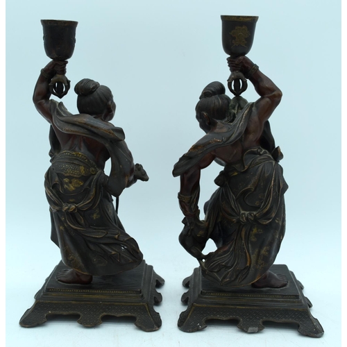 55 - A PAIR OF 19TH CENTURY JAPANESE MEIJI PERIOD BRONZE OKIMONO CANDLESTICKS in the manner of Miyao Eisu... 