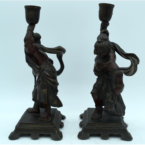 55 - A PAIR OF 19TH CENTURY JAPANESE MEIJI PERIOD BRONZE OKIMONO CANDLESTICKS in the manner of Miyao Eisu... 
