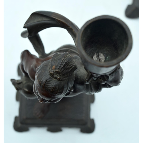 55 - A PAIR OF 19TH CENTURY JAPANESE MEIJI PERIOD BRONZE OKIMONO CANDLESTICKS in the manner of Miyao Eisu... 