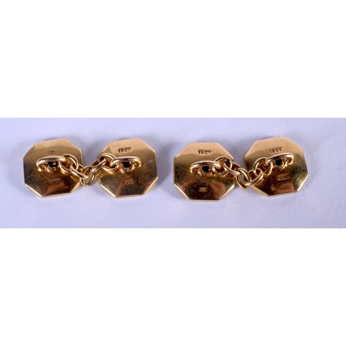 1009 - A PAIR OF 18CT GOLD AND DIAMOND CUFFLINKS. 8 grams. 3.25 cm wide.