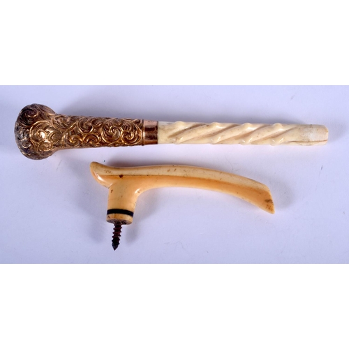 1025 - AN ANTIQUE 9CT GOLD AND IVORY PARASOL HANDLE and another. Largest 17 cm long. (2)