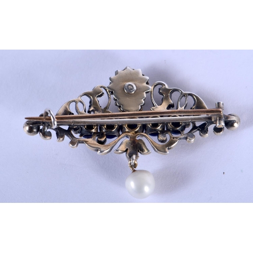 1040 - AN ANTIQUE YELLOW METAL PEARL AND LAPIS LAZULI BROOCH. 8 grams. 5 cm x 3 cm.