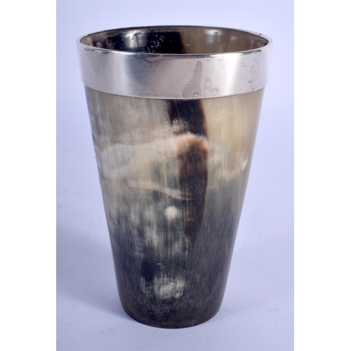 1055 - AN ANTIQUE SILVER MOUNTED HORN BEAKER. 74 grams. 10 cm x 6.5 cm.