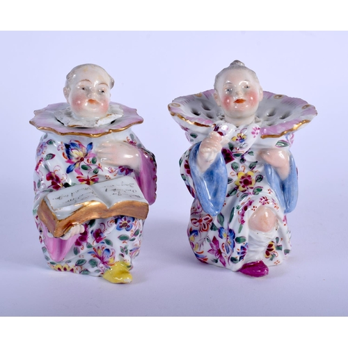 108 - A VERY RARE PAIR OF 19TH CENTURY MEISSEN PORCELAIN DESK SANDER AND INKWELL modelled as seated figure... 