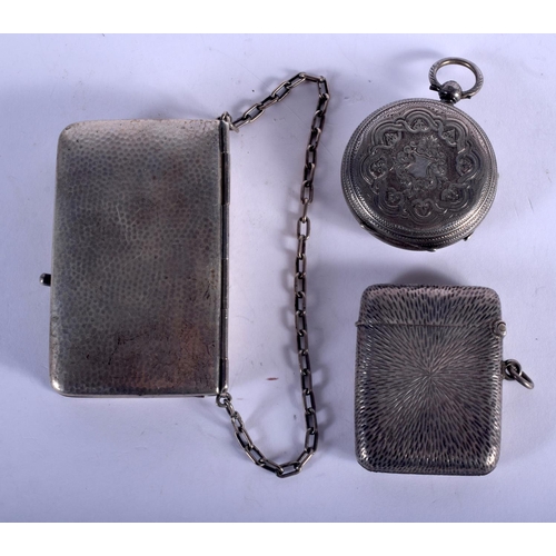 1086 - AN ANTIQUE SILVER FOB WATCH together with a silver purse & silver vesta case. 177 grams overall. Lar... 