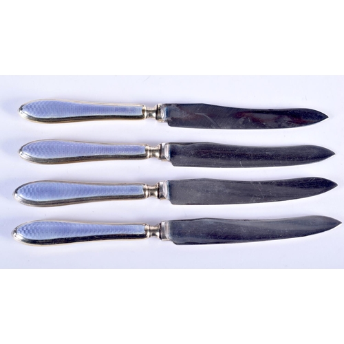 1090 - FOUR SILVER AND ENAMEL KNIVES. 103 grams. 17 cm long. (4)