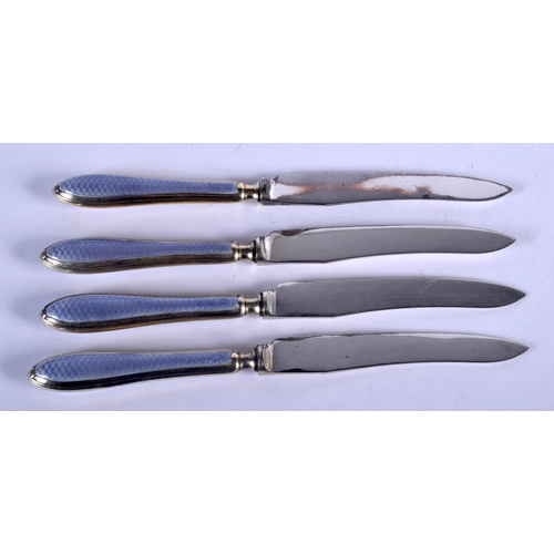 1090 - FOUR SILVER AND ENAMEL KNIVES. 103 grams. 17 cm long. (4)