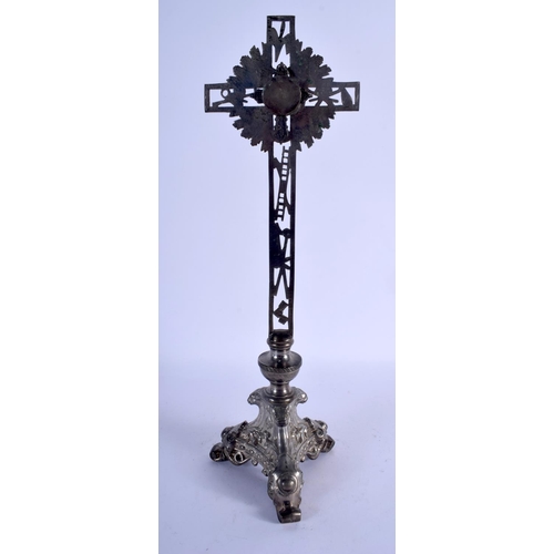 1092 - AN ANTIQUE SILVER PLATED ENAMELLED MASONIC CRUCIFIX. 38 cm x  8 cm.