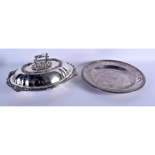 1093 - AN ANTIQUE SILVER PLATED TUREEN AND COVER together with a Christofle dish. 30 cm x 20 cm. (2)