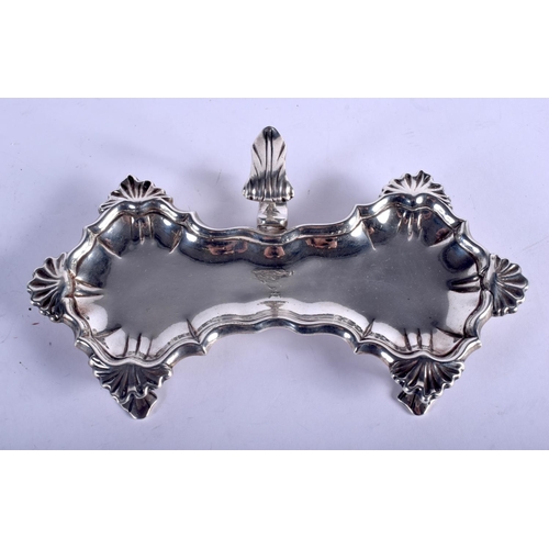 1094 - AN ANTIQUE SILVER CANDLE SNUFFER TRAY. 309 grams. 21 cm x 4.5 cm.