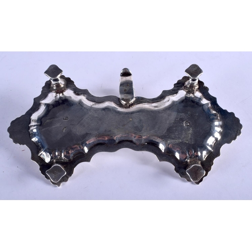 1094 - AN ANTIQUE SILVER CANDLE SNUFFER TRAY. 309 grams. 21 cm x 4.5 cm.