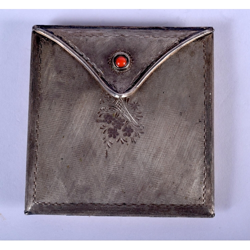 1099 - A 1950S WHITE METAL AND CORAL COMPACT. 64 grams. 7 cm square.