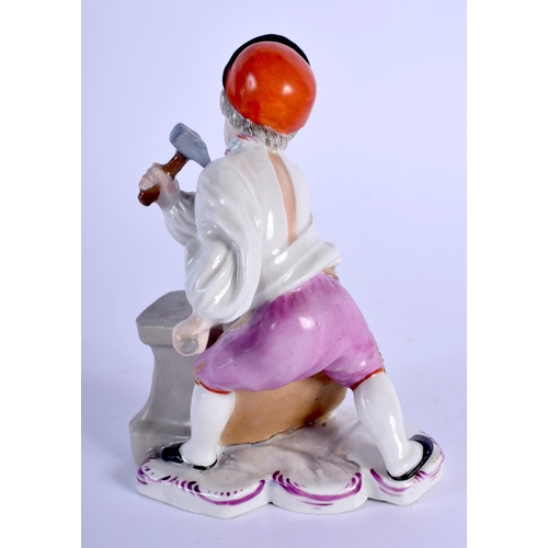 111 - A 19TH CENTURY MEISSEN PORCELAIN FIGURE OF A YOUNG BOY modelled holding aloft a hammer upon a shaped... 