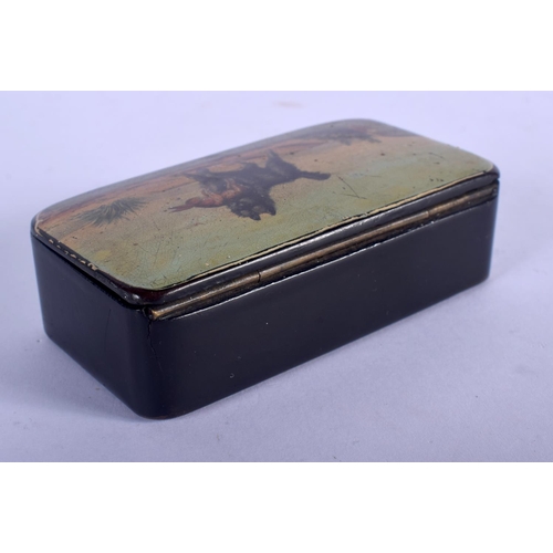 1113 - AN ANTIQUE PAPIER MACHE SNUFF BOX. 8 cm x 5 cm.